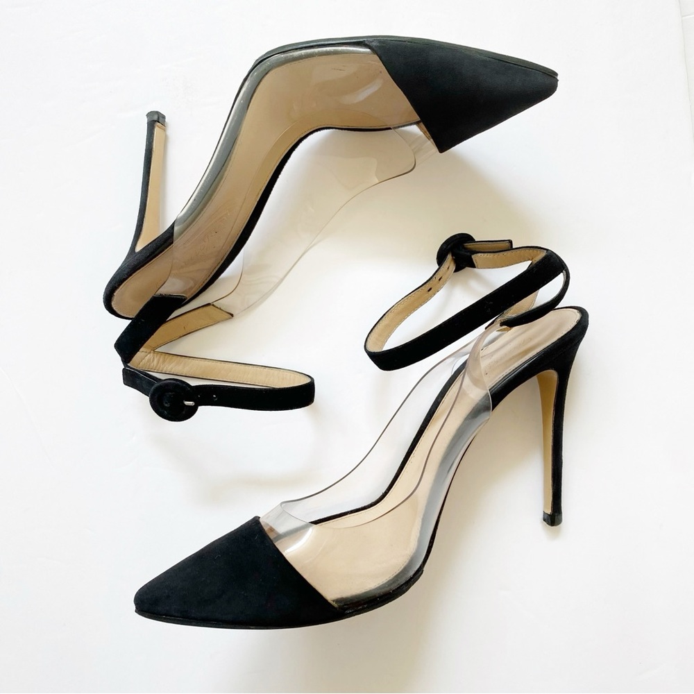 GIANVITO ROSSI CLEAR PLASTIC BLACK SUEDE SLINGBACK ANKLE STRAP POINTY TOE HEELS - Picture 2 of 13